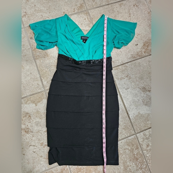 En Focus Studio Green Black Tiered Sheath Dress Sz 4 Sequin Waist Cocktail VTG - Picture 6 of 6